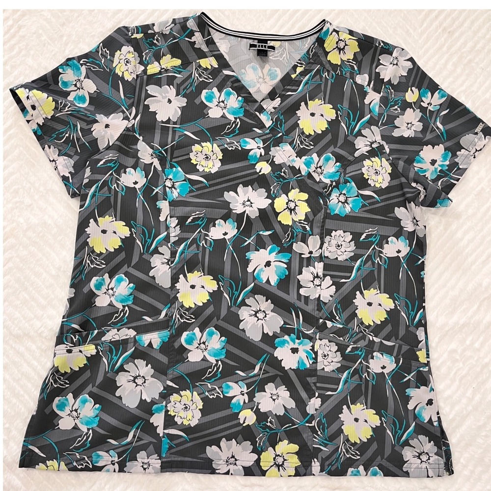 ELLE Floral V Neck Scrub Top Shirt Women's L/G Grey Blue Yellow White scrubs
